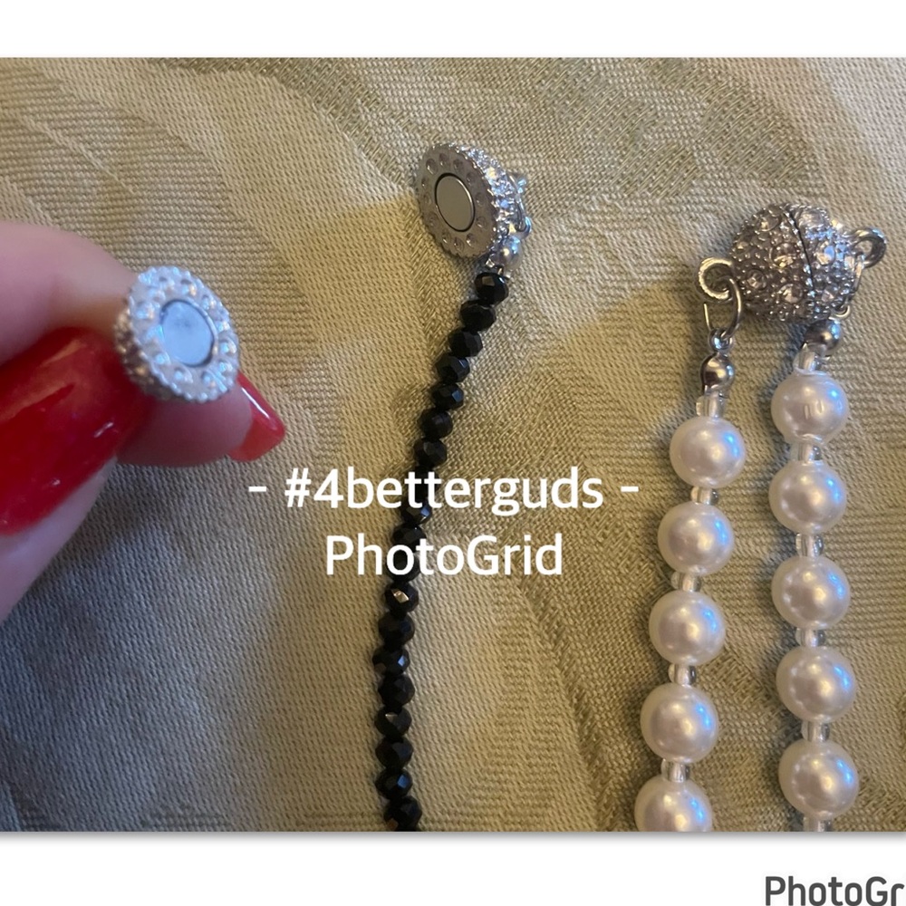 Bundle Set 4 Homemade Black Crystals & Pearl Rhinestone Magnetic Clasp Necklaces - Picture 9 of 15
